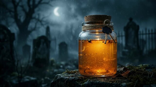 Glowing potion jar with cork on stone in misty graveyard at night. Spooky Halloween decoration with tombstones and bare trees. Halloween holiday, horror atmosphere.
