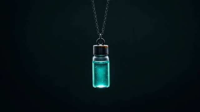 Glowing blue potion vial hanging on chain against dark background. Magic elixir pendant swinging in darkness. Witch potion and mystic amulet concept. Halloween horror and fantasy theme.
