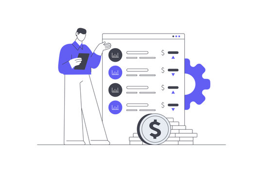 Portfolio Performance Financial Asset Management and Earnings Analytics. Male Specialist Pointing at Stock Asset List Dashboard Screen with Dollar Money Coins Stack. Flat Cartoon Vector Illustration