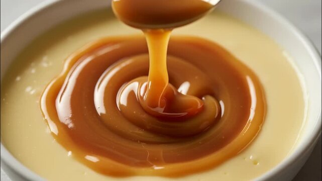 video of a silver spoon slowly swirling thick glossy amber caramel sauce into smooth vanilla custard pudding inside a ceramic bowl