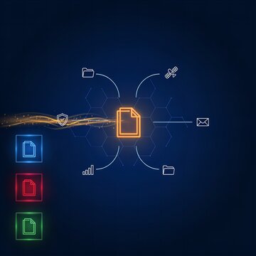 Glowing digital document workflow diagram featuring interconnected icons and glowing interface elements on dark blue background