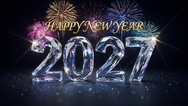 Diamond typography numbers sparkling brightly against a dark festive background featuring colorful celebratory fireworks displays