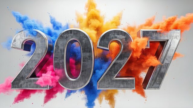 Metallic numbers twenty twenty seven standing proudly amidst dynamic explosions of vibrant multi colored powder clouds