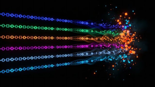 Glowing multicolored chains transforming into digital particles against a dark black background during a dynamic futuristic explosion