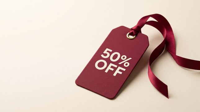 Burgundy half price tag with matching ribbon
