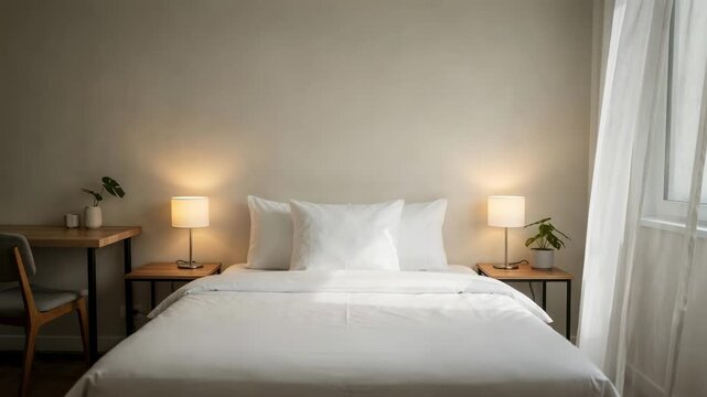 Clean modern guest bedroom with made bed, nightstand, desk and window, concept of modern home design and interior room decor