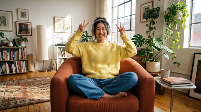 Woman with headphones raising peace signs at home