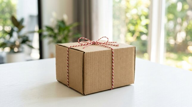 Gift box tied with twine on a table