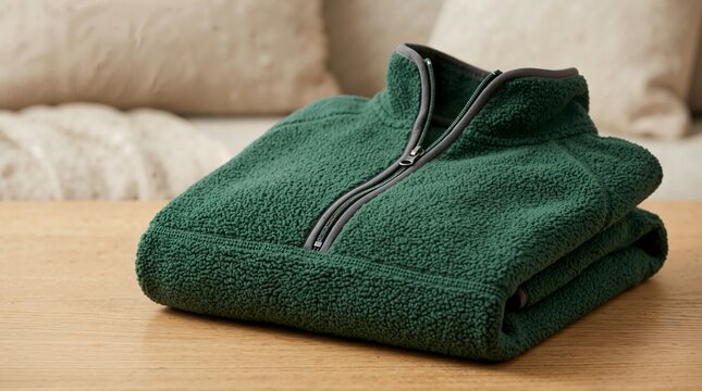 Folded green fleece pullover with quarter zip collar on wooden table. Warm winter clothing and cozy apparel concept