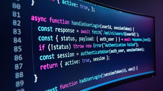 Closeup view of javascript code displayed on a computer screen showing an asynchronous user login function for web development and software programming