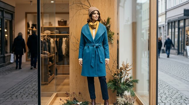 Store window mannequin wearing blue wool coat and yellow scarf. Autumn and winter retail fashion display on a city street