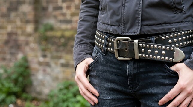 Person wearing studded black leather belt and denim jeans outdoors. Punk rock fashion accessory with metal pyramid studs and vintage buckle