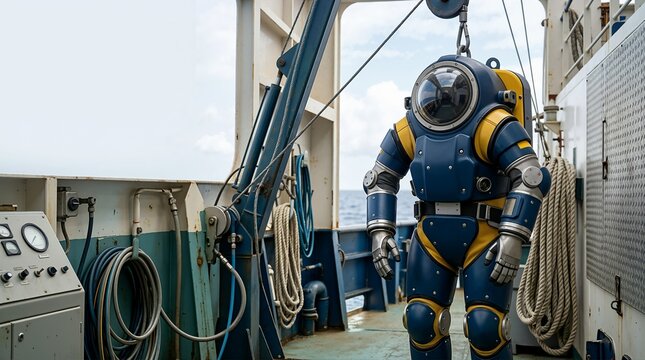 Atmospheric diving suit suspended on ship deck for deep sea exploration. Blue and yellow heavy pressure subsea suit ready for underwater operation