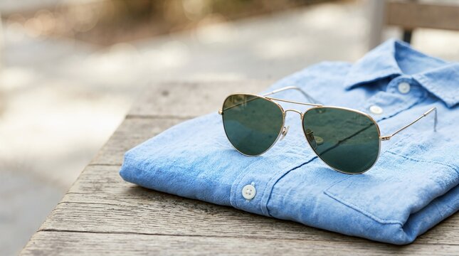 Aviator sunglasses lying on folded blue linen shirt on wooden table. Classic eyewear and casual summer clothing accessory