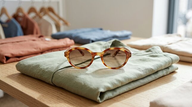Oval tortoiseshell sunglasses resting on a folded green shirt on a wooden table in a boutique clothing store. Retail apparel display with summer fashion accessories