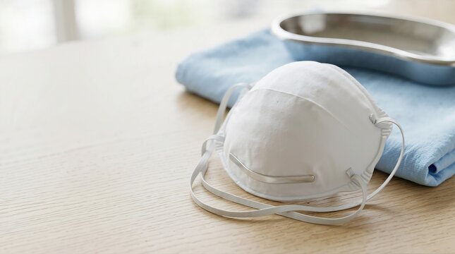 White N95 respirator mask with folded blue surgical drape and stainless steel medical tray on a wooden table. Healthcare and protective medical equipment