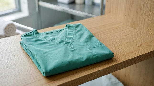 Folded green surgical scrub top on a wooden shelf in a clinic. Healthcare uniform and medical apparel concept