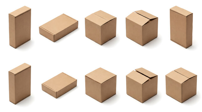 A collection of brown cardboard boxes arranged in an isometric view on a white background for logistics and e-commerce shipping concepts.