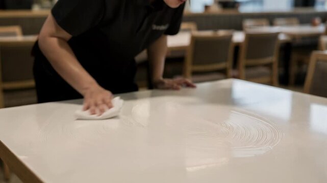 Staff member sanitizing a dining table with a cloth before customer seating in a restaurant, concept of hygiene practices and food service safety standards