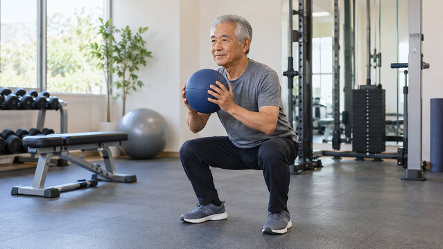 ジムでボールを持ってスクワットをする年配の男性
