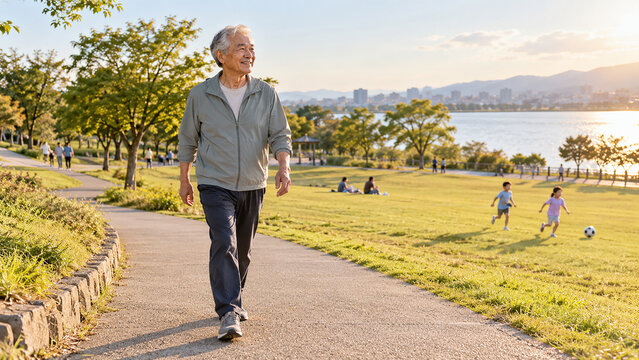 夕方の水辺の公園をウォーキングする年配男性