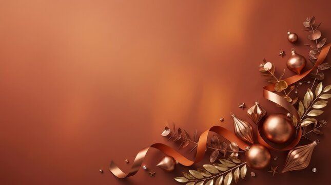 Elegant metallic rose gold ornaments with silk ribbons and decorative leaves on copper background for premium festive greeting.