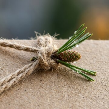 Jute twine tied around a small pine sprig with water droplets on brown paper