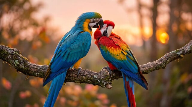 two parrots close up at sunset light in tambopata national reserve peru video