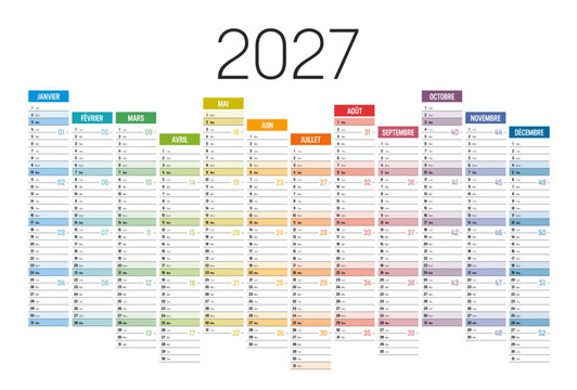 Colorful French calendar 2027 with week numbers. Editable vector template with isolated layers.
