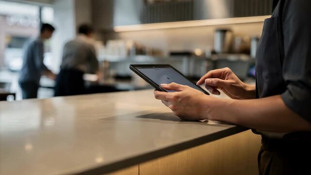 Restaurant server entering a guest's order on a tablet at a sleek counter service station, concept of digital ordering technology and modern hospitality service