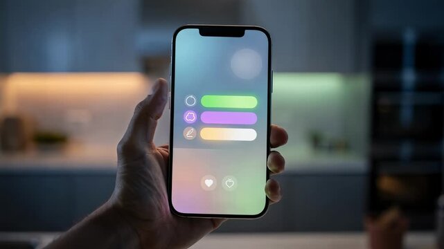 Hand holding a smartphone displaying a colorful smart home app interface in a kitchen, concept of smart home technology and connected living for modern households