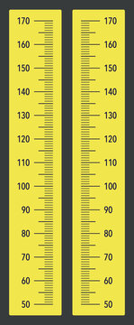 Yellow kids height chart from 50 cm to 170 centimeters. Color meter wall or growth ruler. Template for wall growth 170 cm sticker isolated on a black background.