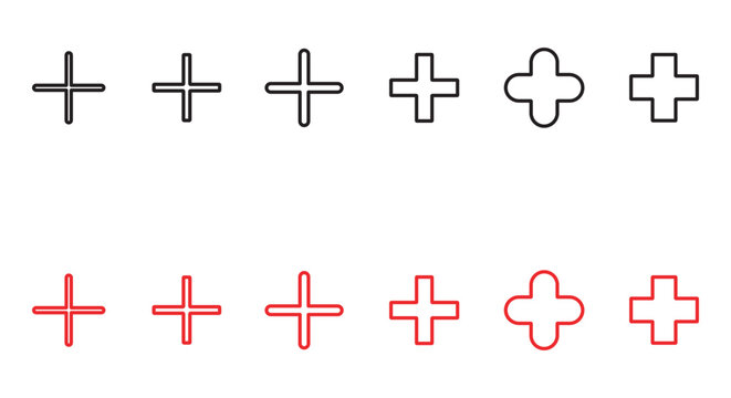Minimalist plus sign icon set for UI design, simple cross symbols vector collection, red and black line buttons