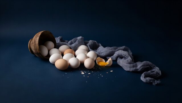 Several fresh organic white and brown chicken eggs spilled from a wooden bowl onto dark blue surface