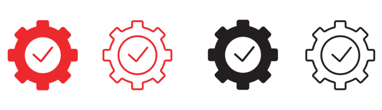 Minimalist gear check mark icon set, mechanical settings authorization symbol, red and black vector cog cogwheel collection
