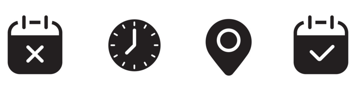 Minimalist event calendar icon set, black schedule time and location pin symbols, appointment management vector icons for web UI