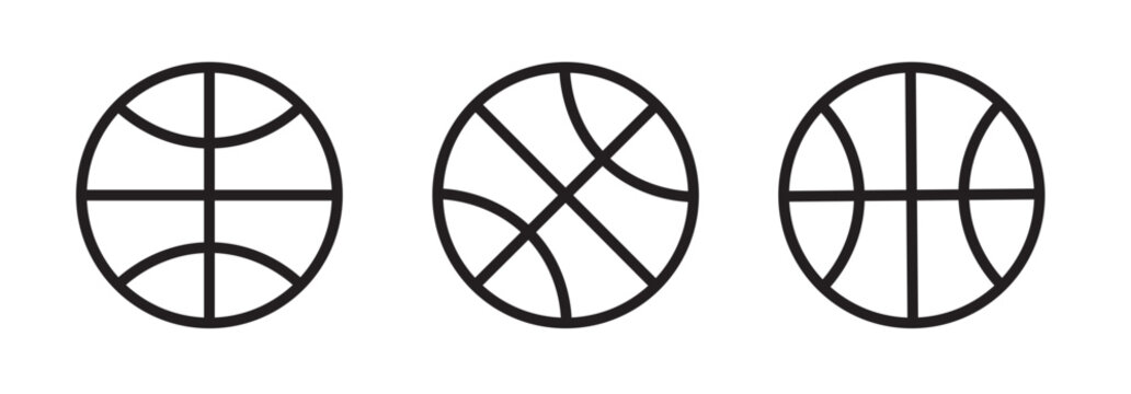 Minimalist basketball line icon set, 3 linear sports ball symbols, black and white outline vector illustrations