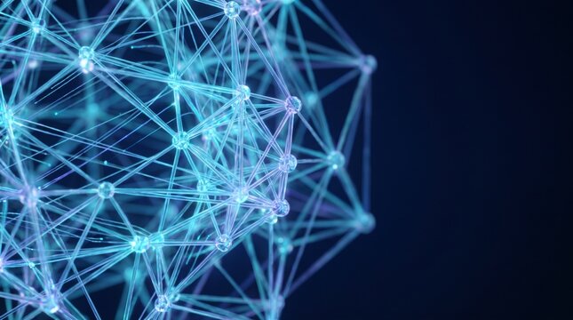 Abstract artificial intelligence neural network with glowing interconnected nodes on a dark blue background. Digital technology and machine learning concept.