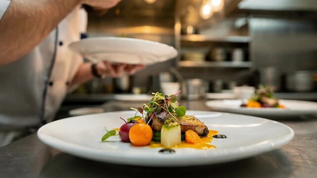 Chef carefully plating a tasting menu dish with vibrant fresh ingredients in a fine dining kitchen, concept of culinary artistry and gourmet restaurant presentation