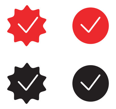 Red and black check mark icon set, verified badge symbol collection, checkmark approval tick button vector graphics, web UI element design