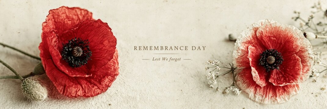 Remembrance Day red poppies on textured beige background, horizontal banner with Lest We Forget text