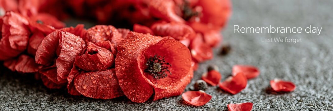 Remembrance Day red poppy wreath on granite stone, honoring veterans. Lest we forget tribute for memorial service