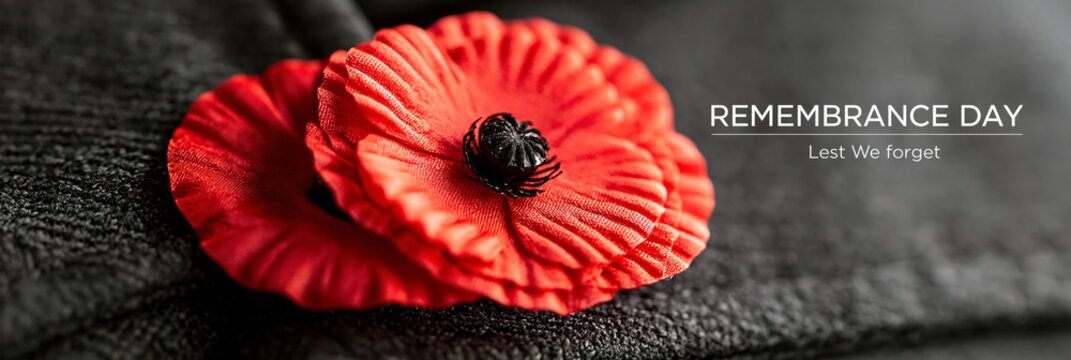 Remembrance Day red poppy flower on black fabric, Lest We Forget text