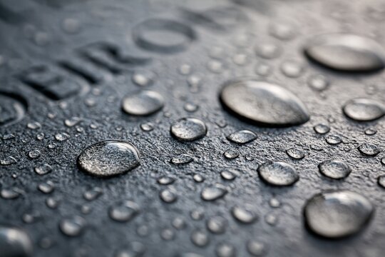 Water droplets on textured dark grey stone surface, macro view of rain on carved memorial monument