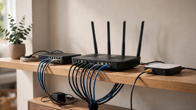 Modern wireless router and network switches with cables on wooden shelf internet technology hardware connection ethernet communication broadband electronics interior installation computer