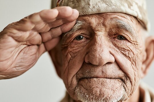 Elderly veteran saluting, close up portrait depicting honor and respect for military service