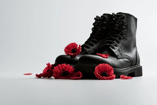Black combat boots with red poppy flowers, remembrance day tribute for fallen soldiers