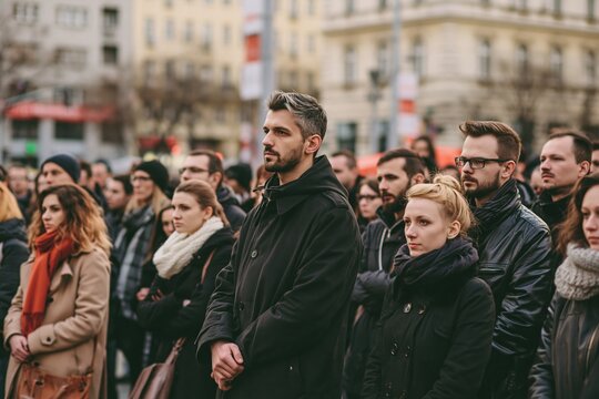 Diverse group of people standing in silence during public gathering outdoors. Shared stillness in urban setting captures collective reflection