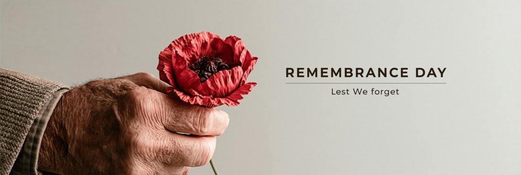 Elderly person hand holding red poppy flower, Remembrance Day commemoration concept