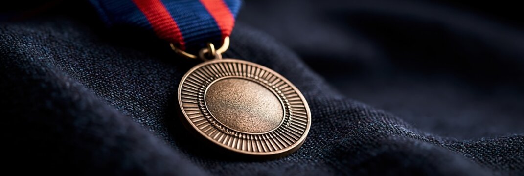 Bronze commemorative medal with ribbon on dark fabric, representing achievement and recognition